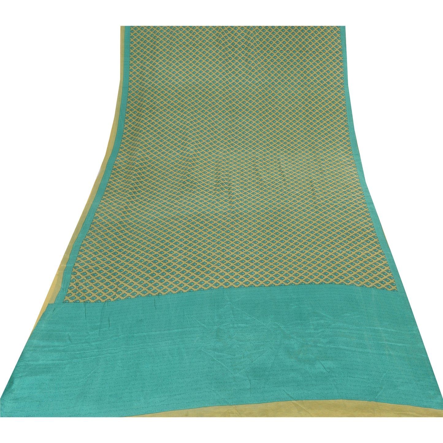 Sanskriti Vintage Sarees Green/Blue Pure Crepe Silk Print Sari 5yd Craft Fabric