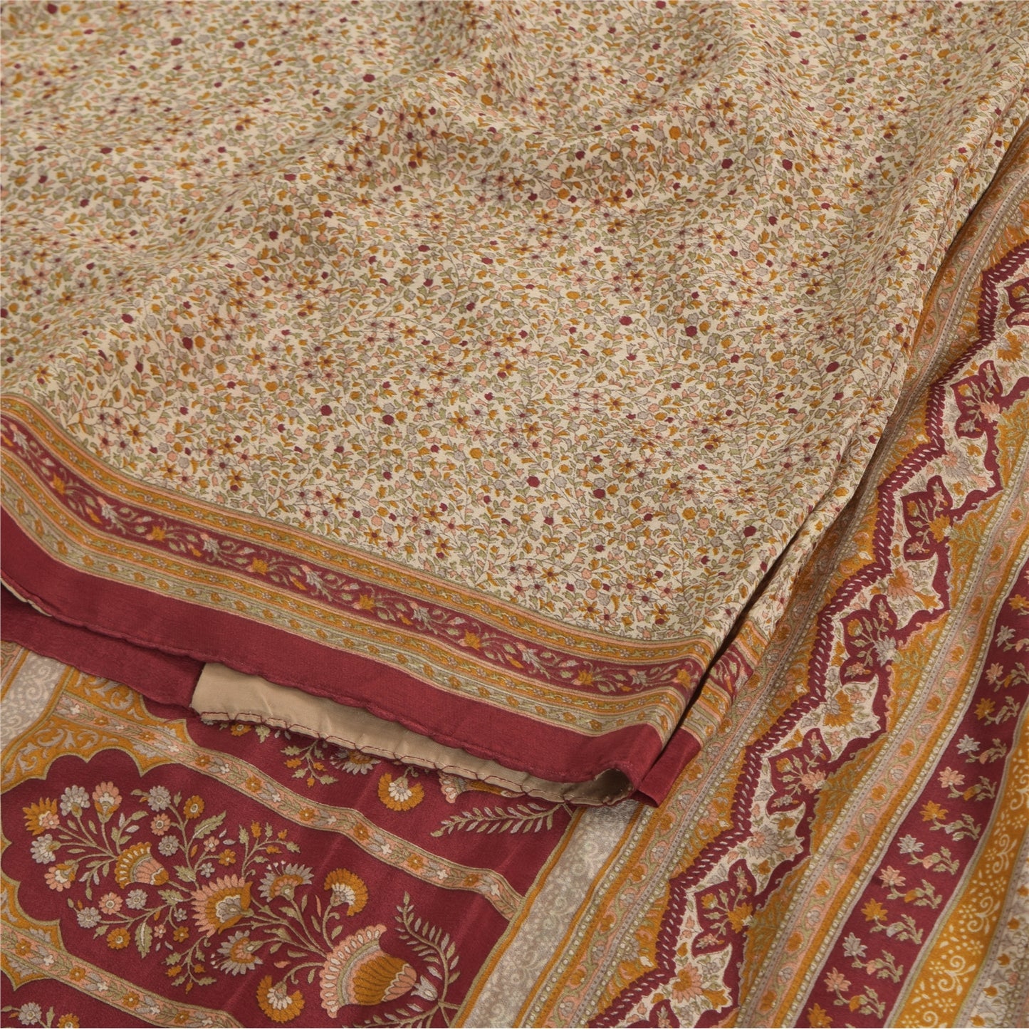 Sanskriti Vintage Sarees Peach/Red Pure Crepe Silk Printed Sari 6yd Craft Fabric