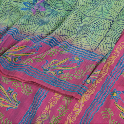 Sanskriti Vintage Sarees Green/Pink Pure Crepe Silk Print Sari 5yd Craft Fabric