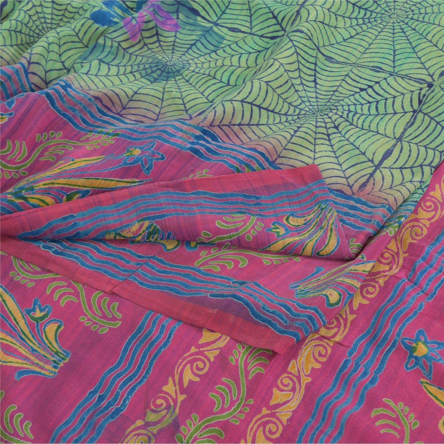 Sanskriti Vintage Sarees Green/Pink Pure Crepe Silk Print Sari 5yd Craft Fabric