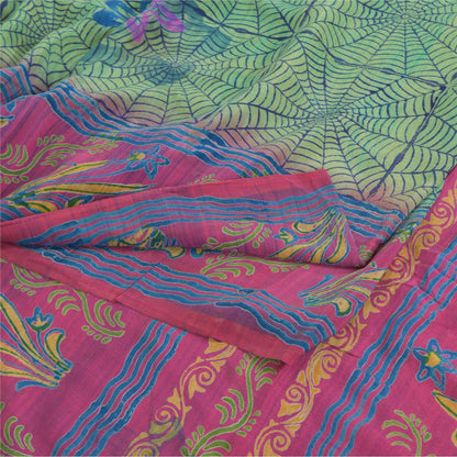 Sanskriti Vintage Sarees Green/Pink Pure Crepe Silk Print Sari 5yd Craft Fabric