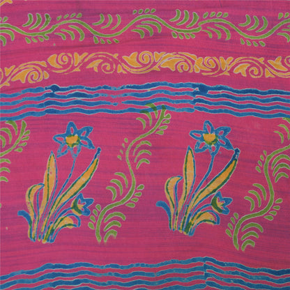 Sanskriti Vintage Sarees Green/Pink Pure Crepe Silk Print Sari 5yd Craft Fabric