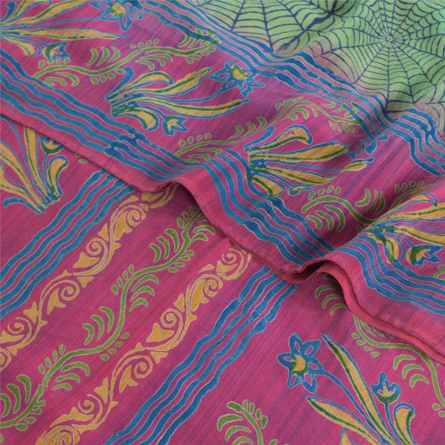 Sanskriti Vintage Sarees Green/Pink Pure Crepe Silk Print Sari 5yd Craft Fabric