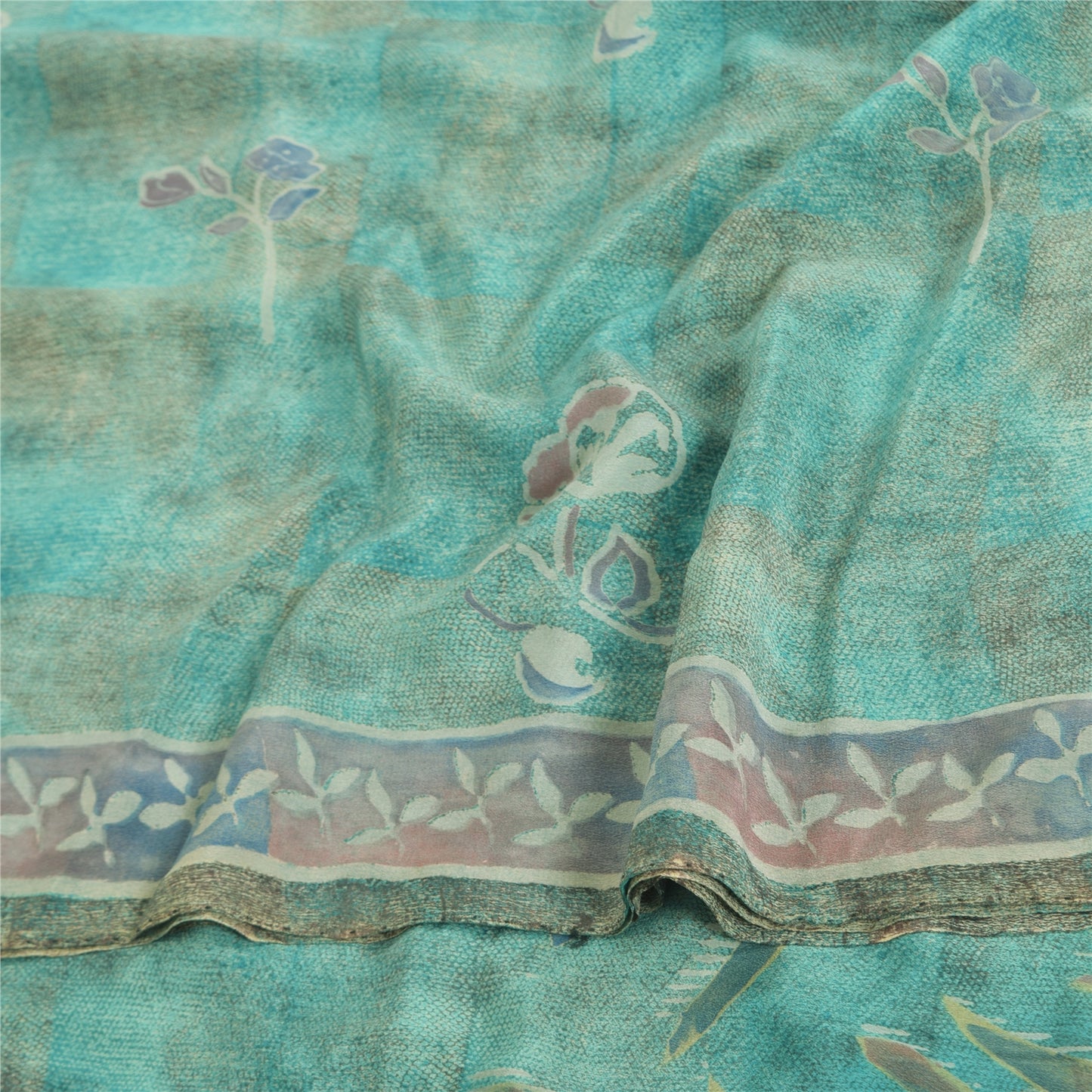 Sanskriti Vintage Sarees Sea-Green Pure Crepe Silk Printed Sari 5yd Craft Fabric