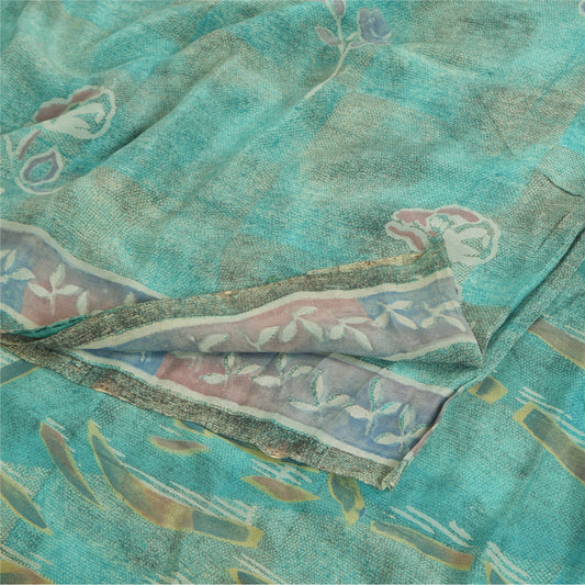 Sanskriti Vintage Sarees Sea-Green Pure Crepe Silk Printed Sari 5yd Craft Fabric