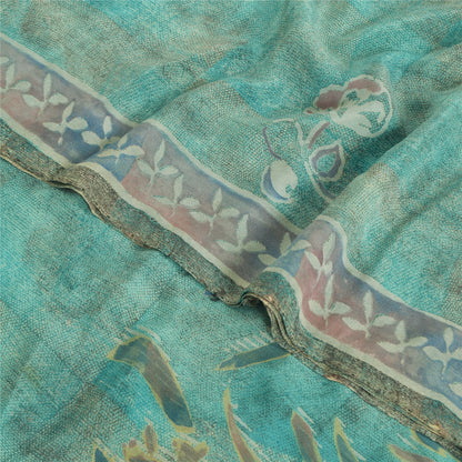 Sanskriti Vintage Sarees Sea-Green Pure Crepe Silk Printed Sari 5yd Craft Fabric