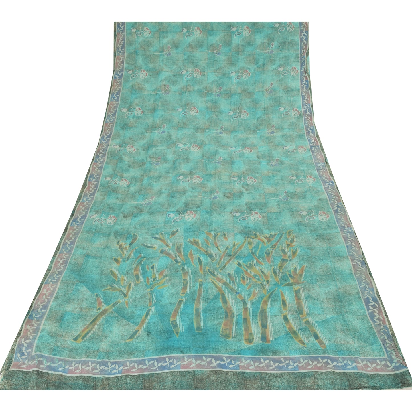 Sanskriti Vintage Sarees Sea-Green Pure Crepe Silk Printed Sari 5yd Craft Fabric