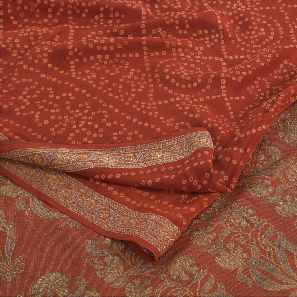 Sanskriti Vintage Sarees Orange Bandhani Printed/Woven Pure Crepe Sari Fabric