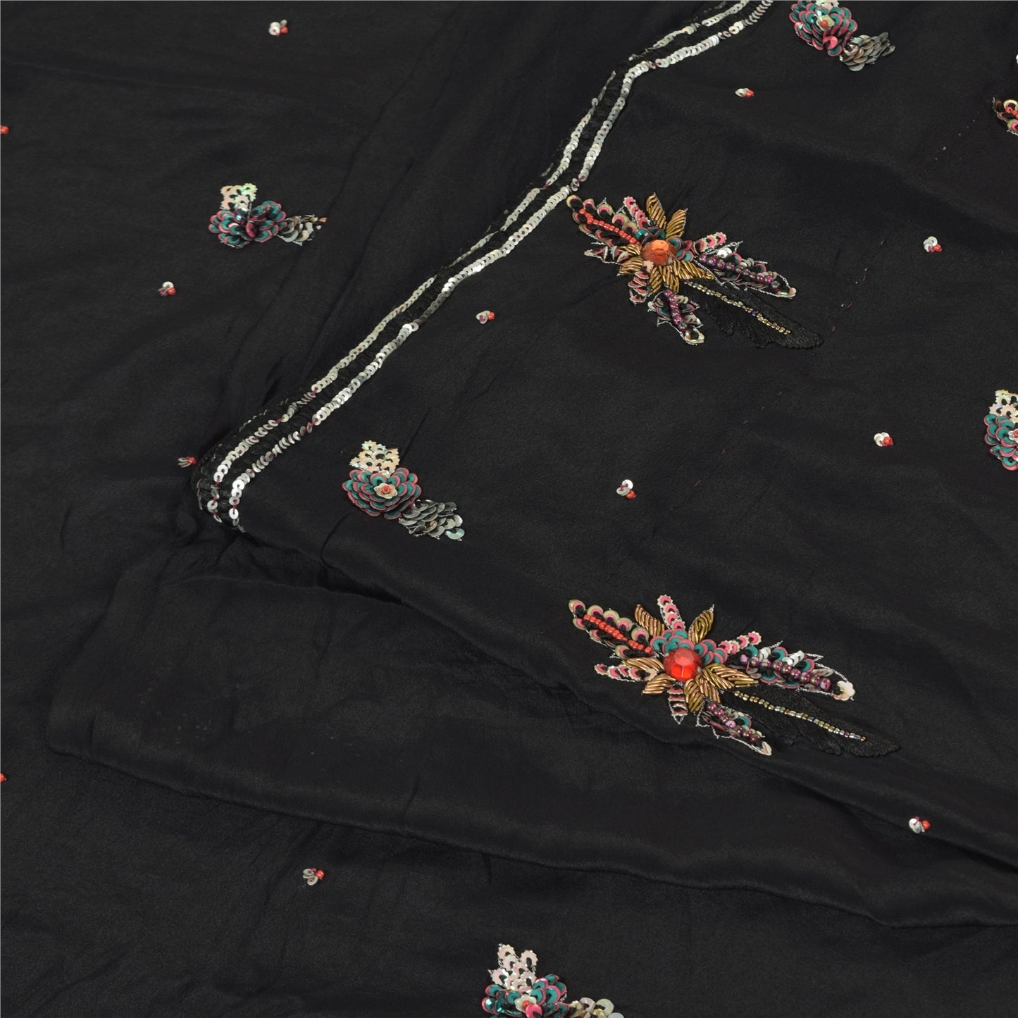 Sanskriti Vintage Sarees Black Hand Beaded Pure Crepe Silk Sari 5yd Craft Fabric