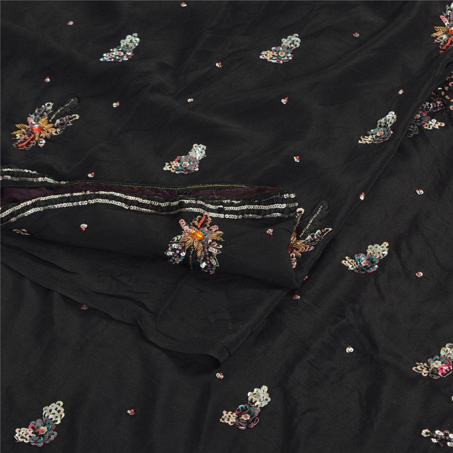 Sanskriti Vintage Sarees Black Hand Beaded Pure Crepe Silk Sari 5yd Craft Fabric