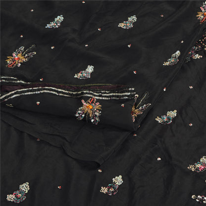 Sanskriti Vintage Sarees Black Hand Beaded Pure Crepe Silk Sari 5yd Craft Fabric