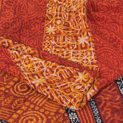 Sanskriti Vintage Sarees Orange Pure Crepe Silk Printed Sari 5yd Craft Fabric