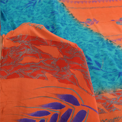 Sanskriti Vintage Sarees Orange/Blue Pure Crepe Silk Print Sari 5yd Craft Fabric