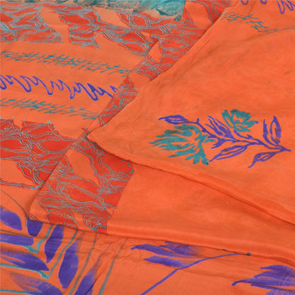 Sanskriti Vintage Sarees Orange/Blue Pure Crepe Silk Print Sari 5yd Craft Fabric