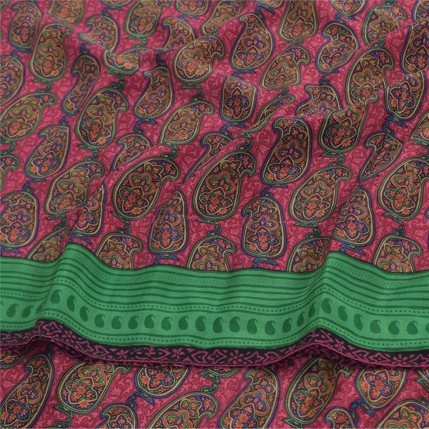 Sanskriti Vintage Sarees Pink Pure Crepe Silk Printed Sari 5yd Craft Fabric