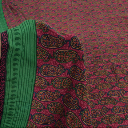 Sanskriti Vintage Sarees Pink Pure Crepe Silk Printed Sari 5yd Craft Fabric