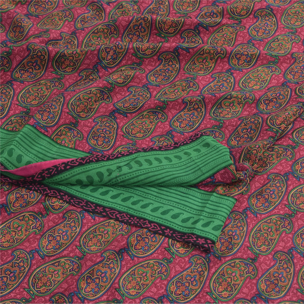 Sanskriti Vintage Sarees Pink Pure Crepe Silk Printed Sari 5yd Craft Fabric