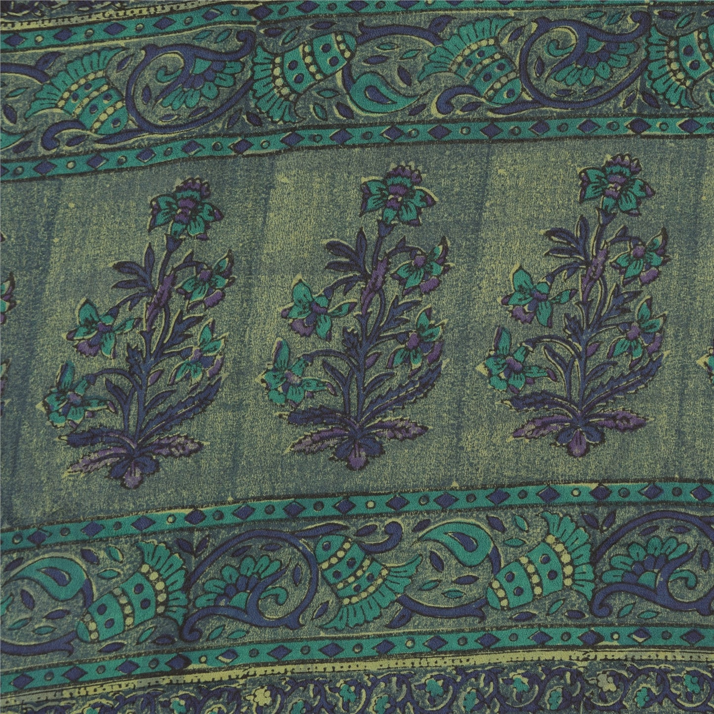 Sanskriti Vintage Sarees Green/Blue Pure Crepe Silk Print Sari 5yd Craft Fabric