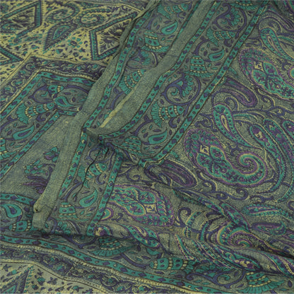 Sanskriti Vintage Sarees Green/Blue Pure Crepe Silk Print Sari 5yd Craft Fabric