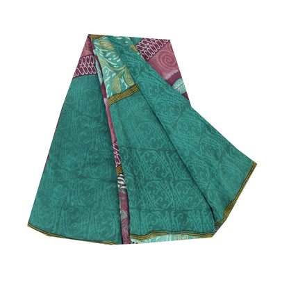 Sanskriti Vintage Sarees Green Pure Crepe Silk Printed Sari 5yd Craft Fabric