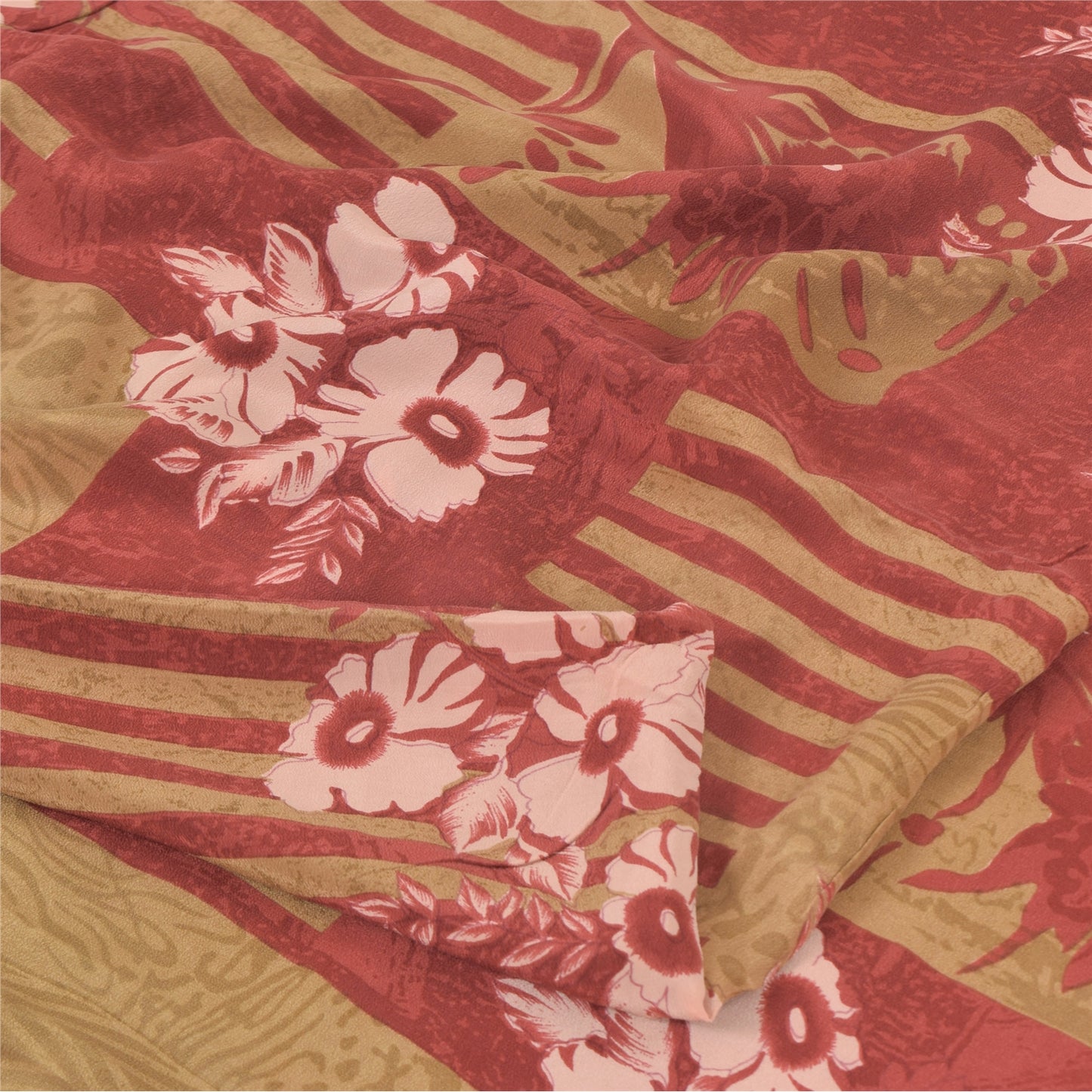 Sanskriti Vintage Sarees Red/Cream Pure Crepe Silk Printed Sari 5yd Craft Fabric