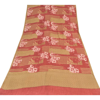 Sanskriti Vintage Sarees Red/Cream Pure Crepe Silk Printed Sari 5yd Craft Fabric