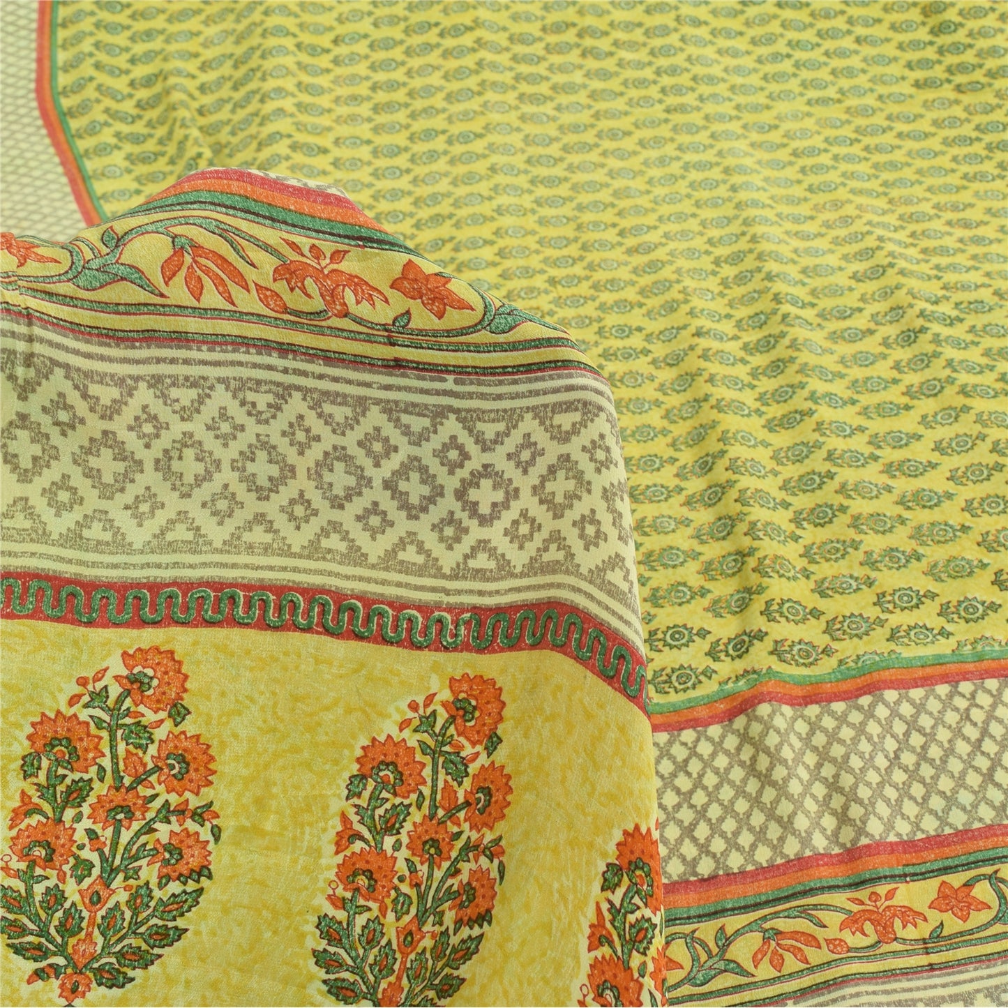 Sanskriti Vintage Sarees Green Pure Crepe Silk Printed Sari 5yd Craft Fabric