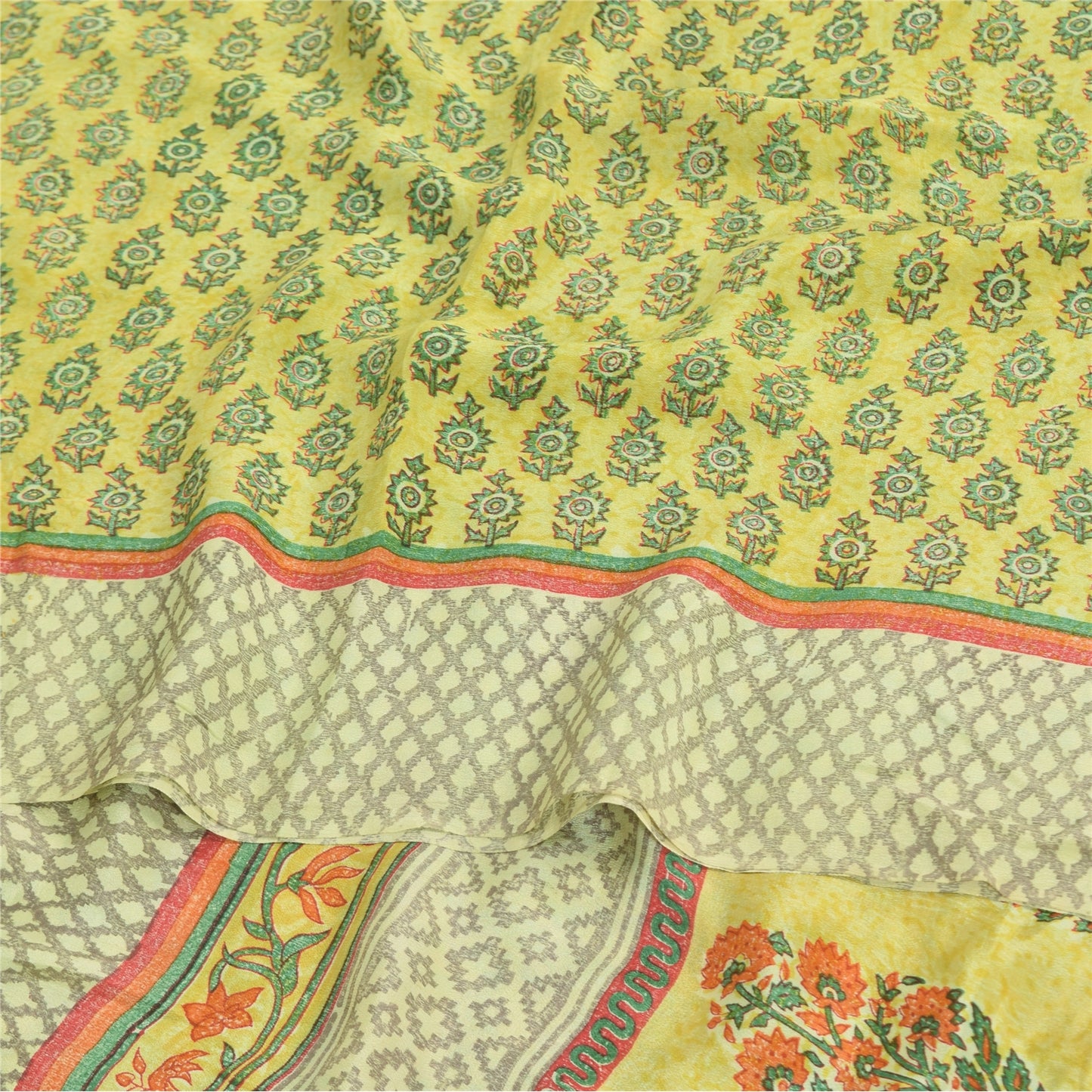 Sanskriti Vintage Sarees Green Pure Crepe Silk Printed Sari 5yd Craft Fabric