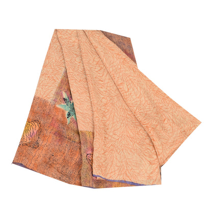 Sanskriti Vintage Sarees Peach 100%Pure Crepe Silk Printed Sari 5yd Craft Fabric