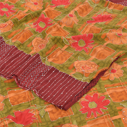 Sanskriti Vintage Sarees Hand Bead Kantha Pure Crepe Silk Print Sari 5yd Fabric