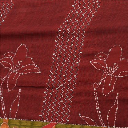 Sanskriti Vintage Sarees Hand Bead Kantha Pure Crepe Silk Print Sari 5yd Fabric