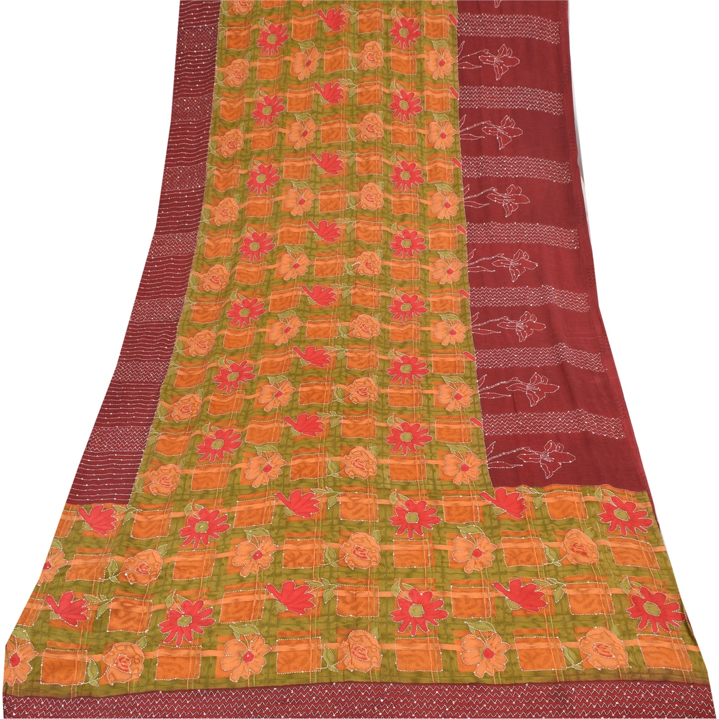 Sanskriti Vintage Sarees Hand Bead Kantha Pure Crepe Silk Print Sari 5yd Fabric