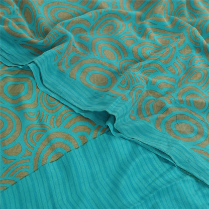 Sanskriti Vintage Sarees Blue/Cream Pure Crepe Silk Print Sari 5yd Craft Fabric