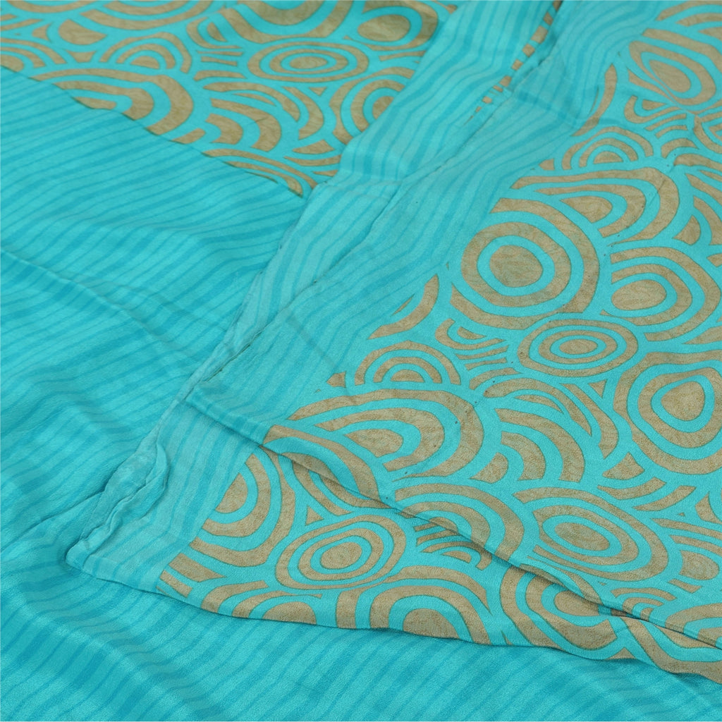 Sanskriti Vintage Sarees Blue/Cream Pure Crepe Silk Print Sari 5yd Craft Fabric