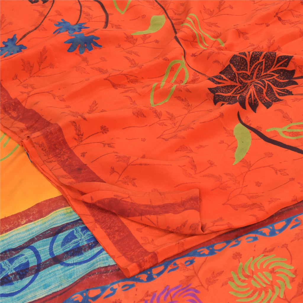 Sanskriti Vintage Sarees Orange Pure Crepe Silk Printed Sari 6yd Craft Fabric