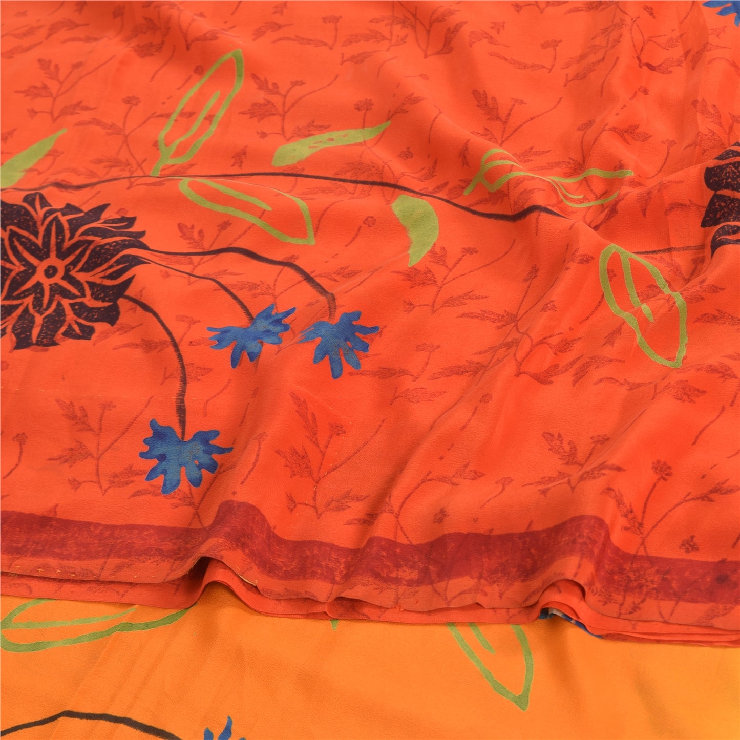 Sanskriti Vintage Sarees Orange Pure Crepe Silk Printed Sari 6yd Craft Fabric