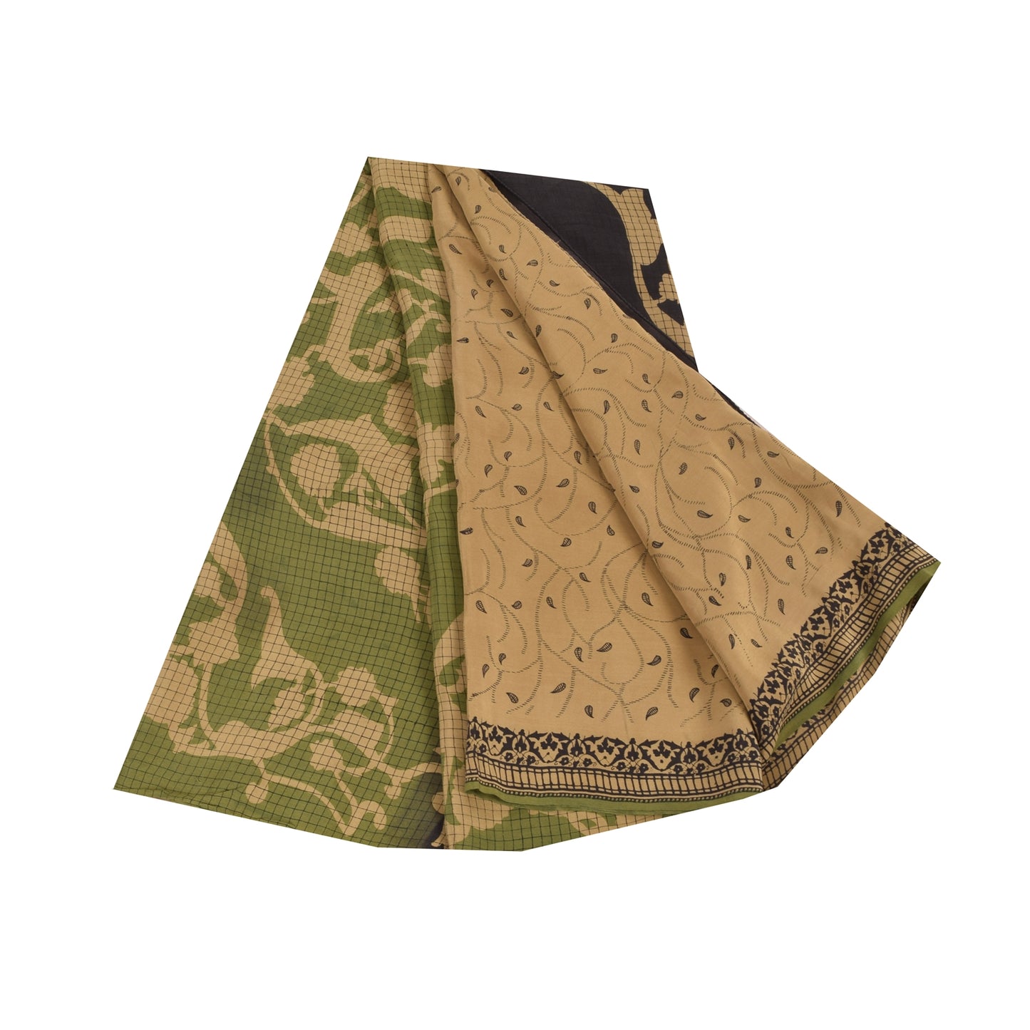 Sanskriti Vintage Sarees Light-Brown Pure Crepe Silk Print Sari 5yd Craft Fabric