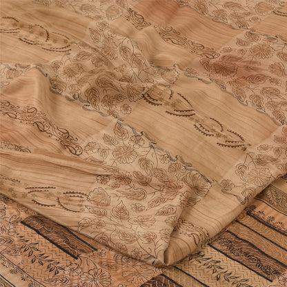 Sanskriti Vintage Sarees Brown Pure Crepe Silk Printed Sari 5yd Craft Fabric