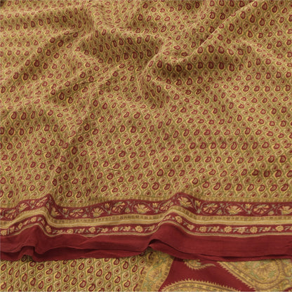 Sanskriti Vintage Sarees Green/Red Pure Crepe Silk Printed Sari 6yd Craft Fabric