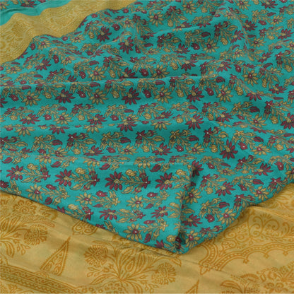 Sanskriti Vintage Sarees Blue/Green Pure Crepe Silk Print Sari 5yd Craft Fabric