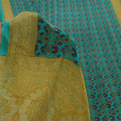 Sanskriti Vintage Sarees Blue/Green Pure Crepe Silk Print Sari 5yd Craft Fabric