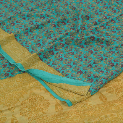 Sanskriti Vintage Sarees Blue/Green Pure Crepe Silk Print Sari 5yd Craft Fabric