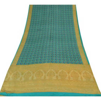 Sanskriti Vintage Sarees Blue/Green Pure Crepe Silk Print Sari 5yd Craft Fabric