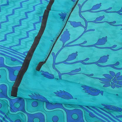 Sanskriti Vintage Sarees Blue 100% Pure Crepe Silk Printed Sari 5yd Craft Fabric