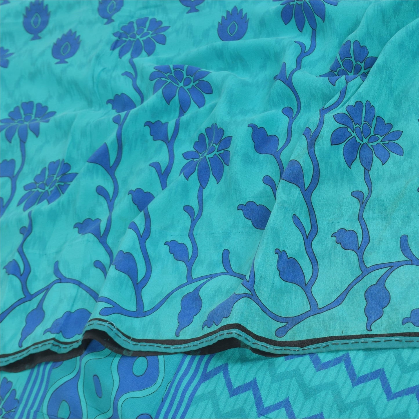 Sanskriti Vintage Sarees Blue 100% Pure Crepe Silk Printed Sari 5yd Craft Fabric