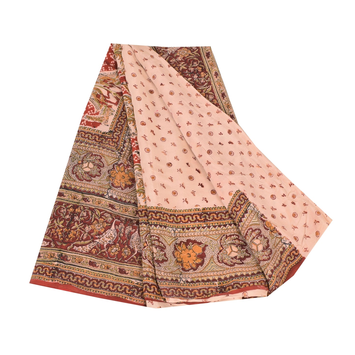 Sanskriti Vintage Sarees Peach Hand Block Printed Pure Crepe Silk Sari Fabric