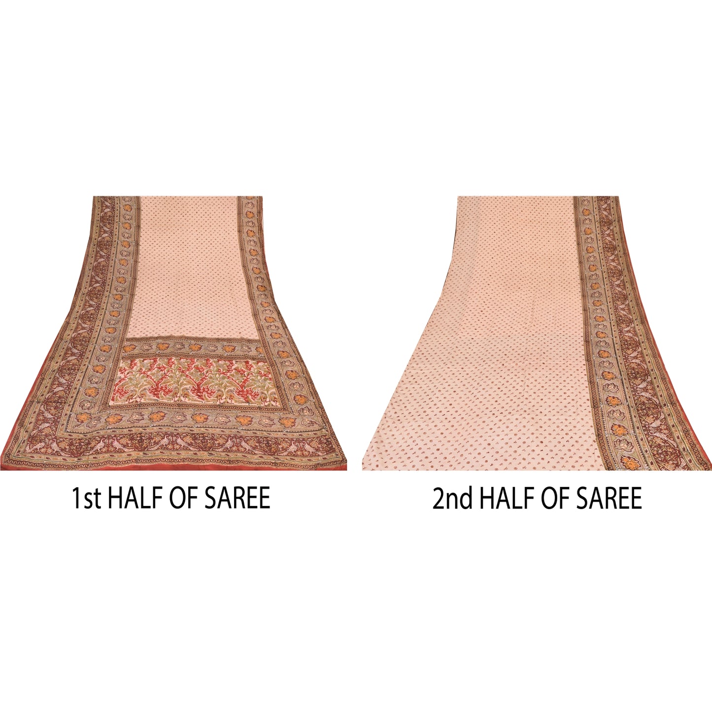 Sanskriti Vintage Sarees Peach Hand Block Printed Pure Crepe Silk Sari Fabric