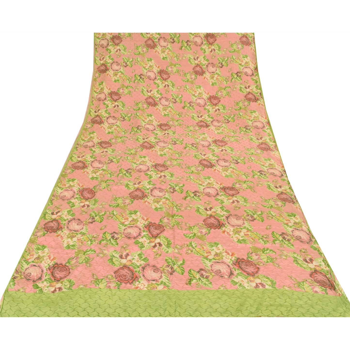 Sanskriti Vintage Sarees Peach/Green Pure Crepe Printed Sari 5+yd Craft Fabric