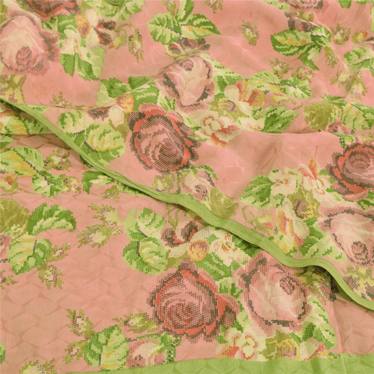 Sanskriti Vintage Sarees Peach/Green Pure Crepe Printed Sari 5+yd Craft Fabric