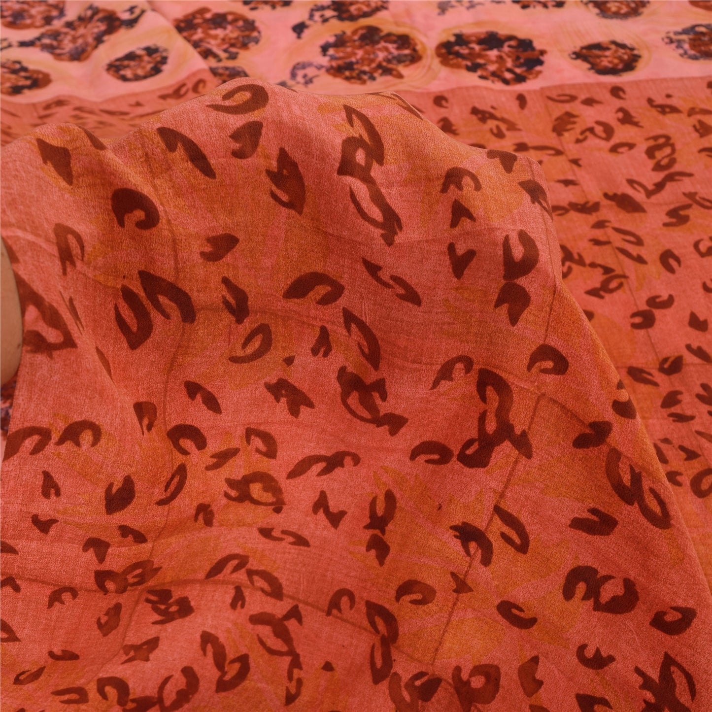 Sanskriti Vintage Sarees Peach Pure Crepe Silk Printed Sari 5+yd Craft Fabric